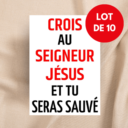 Autocollant "Crois au Seigneur Jésus et tu seras sauvé" [Lot de 10] - rectangle vertical 7,5 x 10 cm