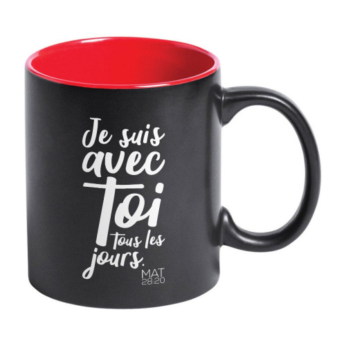 Tasse noire et rouge "Je suis avec toi tous les jours" Matthieu 28.2