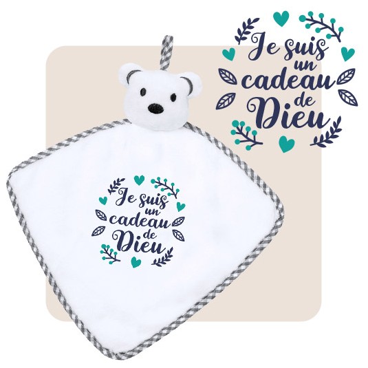 Doudou ourson blanc "Je suis un cadeau de Dieu"