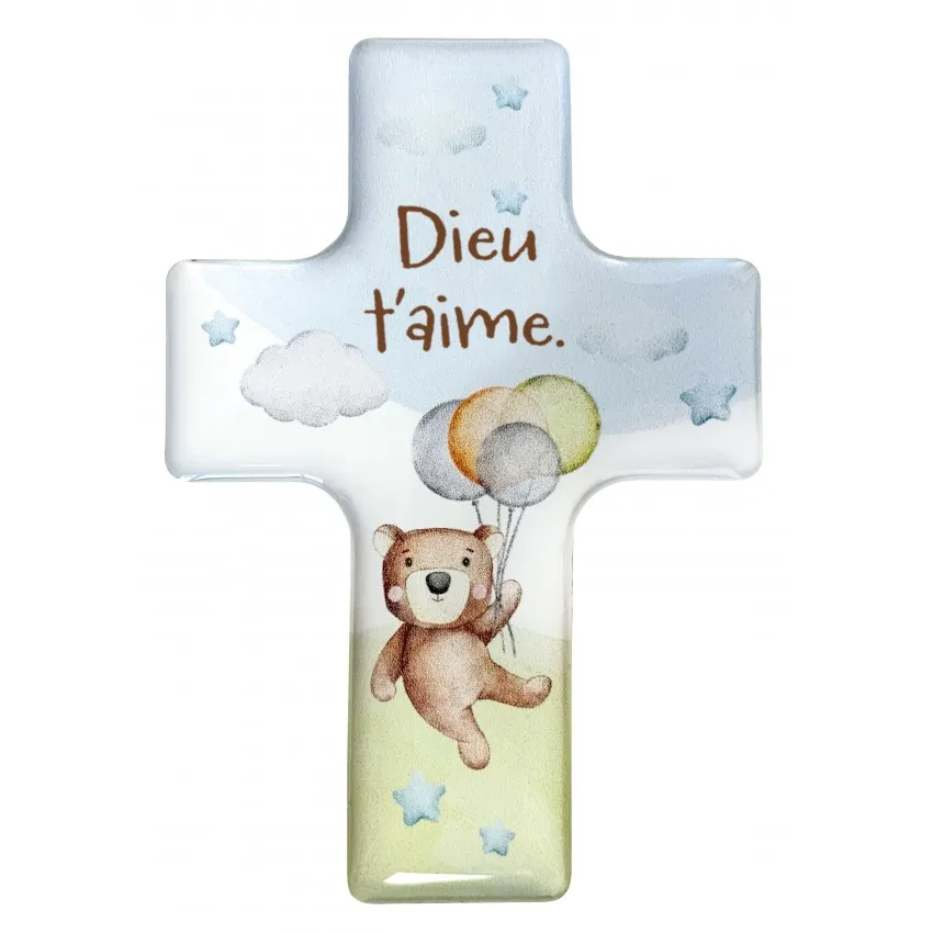 Magnet décoratif croix "Ourson" avec le "Dieu t'aime"