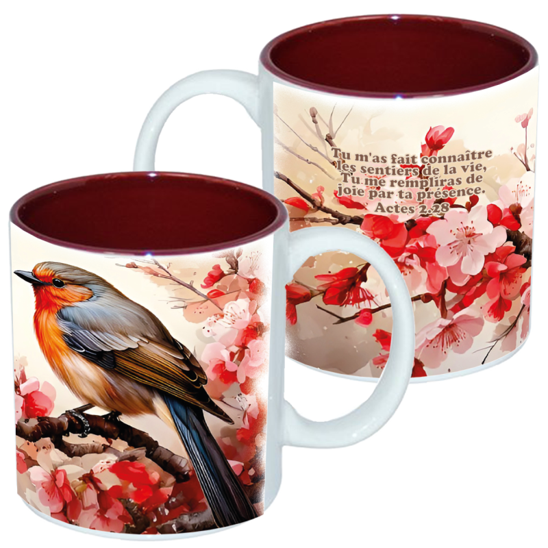 Mug bicolore blanc/marron, «Tu m'as fait connaître...» Actes 2.28 - Oiseau sur cerisier fleuri.