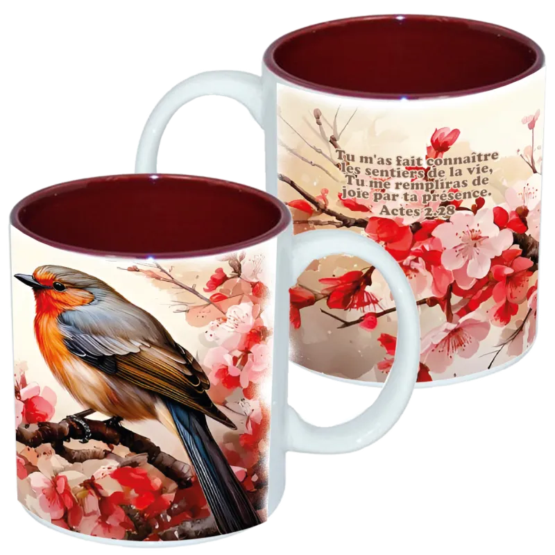 Mug bicolore blanc/marron, «Tu m'as fait connaître […] » - Actes 2.28. Oiseau sur cerisier fleuri