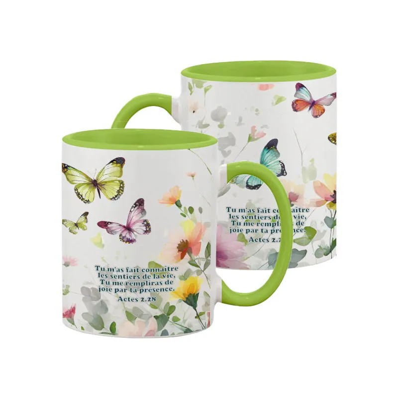 Mug bicolore, vert/blanc, papillons - "Tu m'as fait connaître les sentiers de la vie…" Actes 2.28