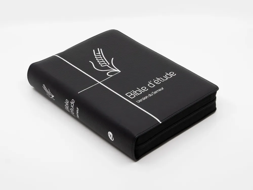 Bible d'étude Semeur 2015 - couverture noire, cuir véritable, tranche argentée, avec fermeture à...