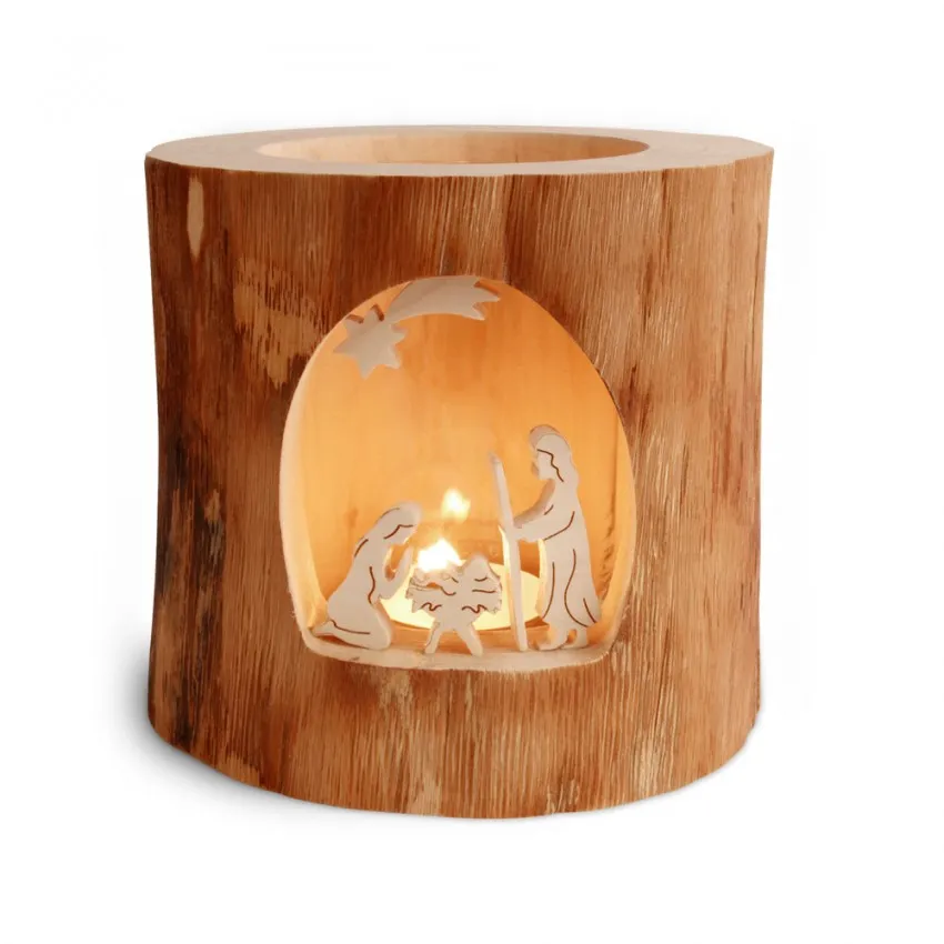 Photophore en bois sans écorce, motif d'érable : Crèche