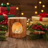 Photophore en bois sans écorce, motif d'érable : Crèche