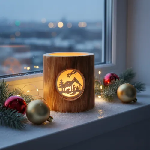 Photophore en bois sans écorce, motif : Crèche