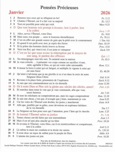 Pensées précieuses - calendrier 1 verset par jour, une page par mois
