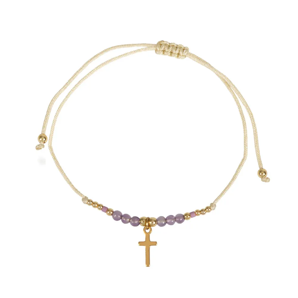 Bracelet textile avec perles violettes - Croix acier inoxydable
