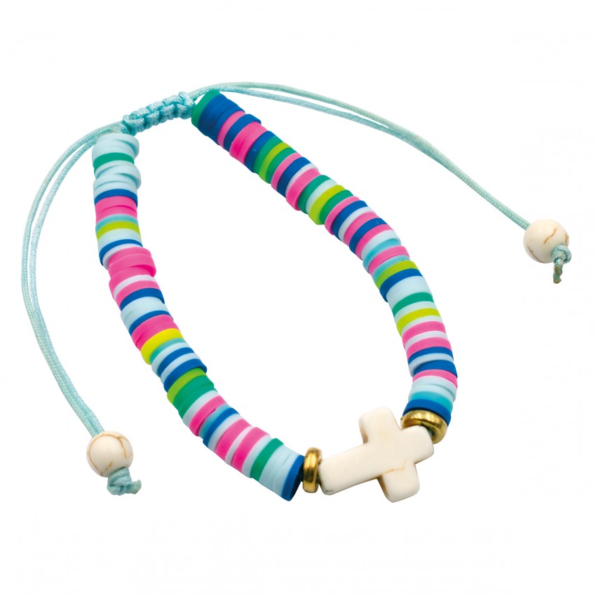 Bracelet perles plates et croix bleu clair