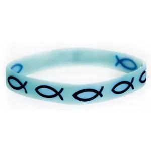 BRACELET PLASTIQUE BLEU CIEL AVEC ICHTHUS BLEU FONCE