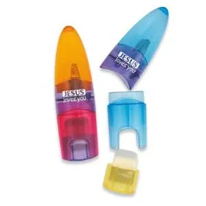 TAILLE-CRAYON GOMME "JESUS LOVES YOU" COULEURS VARIÉES