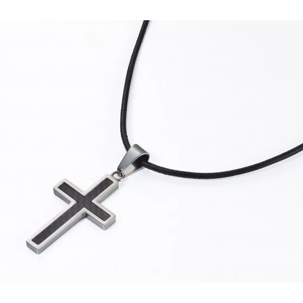 PENDENTIF CROIX ARGENT ET FIBRE DE CARBONE, CORDON CUIR 50CM