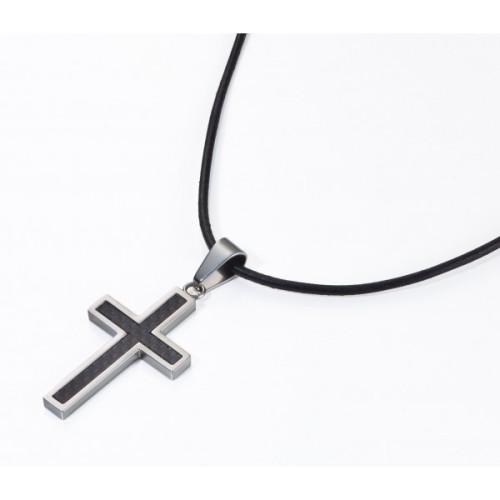 PENDENTIF CROIX ARGENT ET FIBRE DE CARBONE, CORDON CUIR 50CM