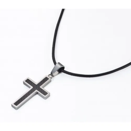 PENDENTIF CROIX ARGENT ET FIBRE DE CARBONE, CORDON CUIR 50CM