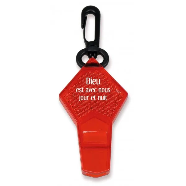 SIFFLET RÉFLECTEUR ROUGE AVEC ATTACHE - Dieu est avec nous jour et nuit
