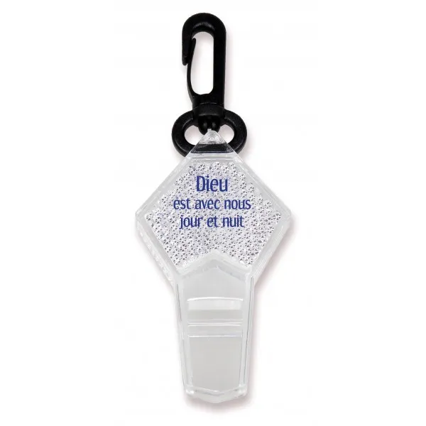 SIFFLET RÉFLECTEUR TRANSPARENT AVEC ATTACHE - Dieu est avec nous jour et nuit