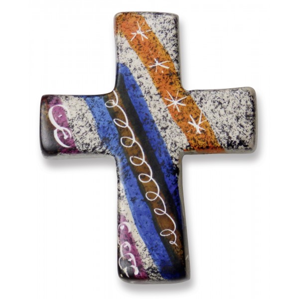 Croix motifs bleu, orange et blanc en stéatite