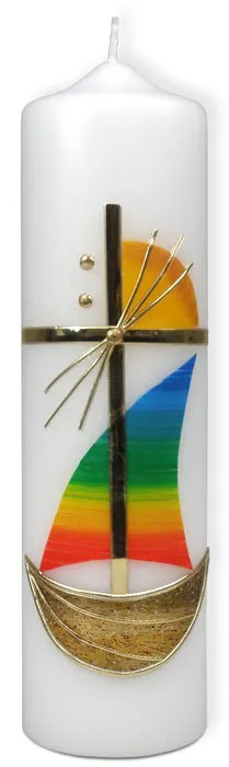 Bougie motifs croix et voilier