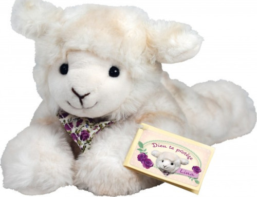 Peluche mouton Lina couchée "Dieu te protège"