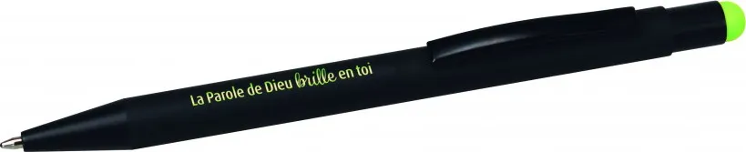 Stylo métal "Titus" noir avec le texte "La Parole de Dieu brille en toi"