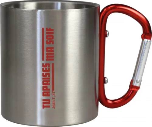 Tasse de camping acier inoxydable - avec mousqueton rouge ou noir