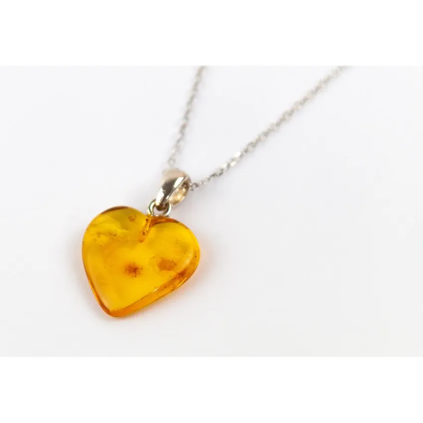 Pendentif "cœur" ambre jaune, collier argent