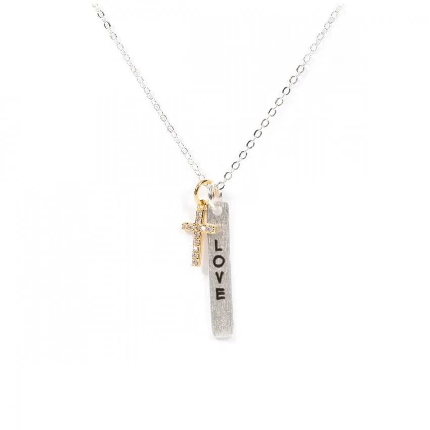 Collier, croix dorée, plaque love