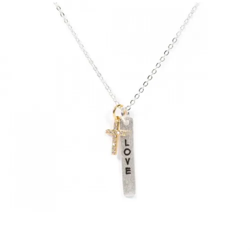 Collier, croix dorée, plaque love