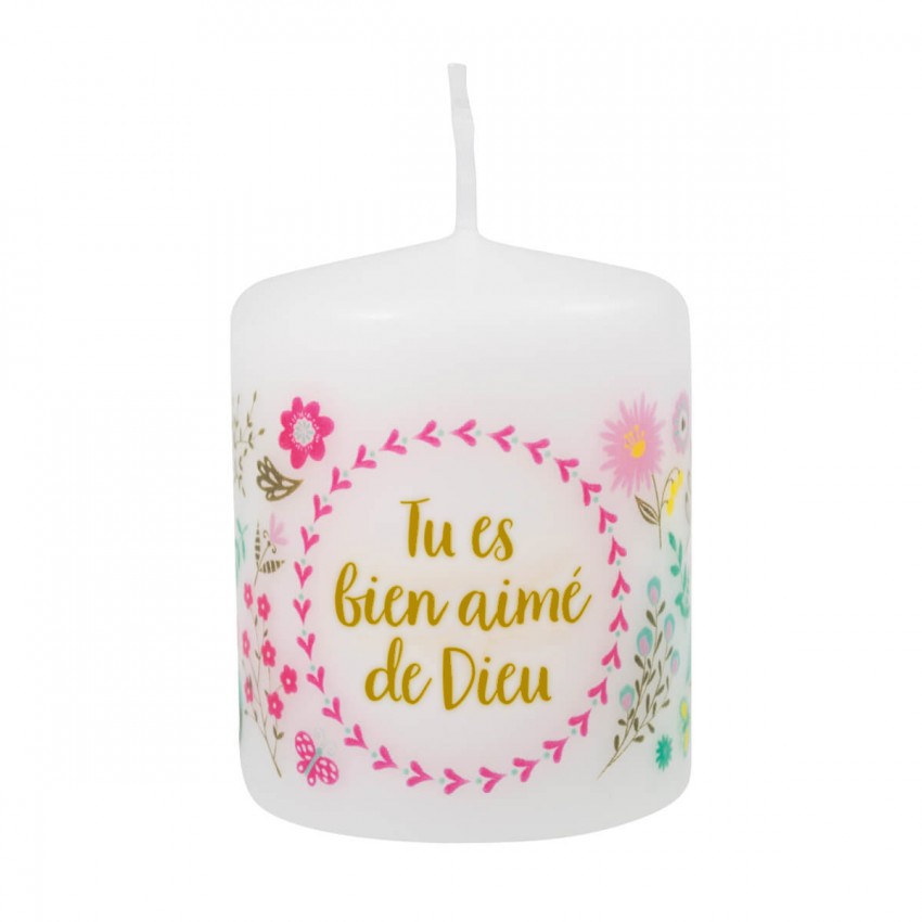 Petite bougie avec motif fleurs - Tu es bien aimé de Dieu Petite bougie avec motif fleurs - Tu es bien aimé de Dieu