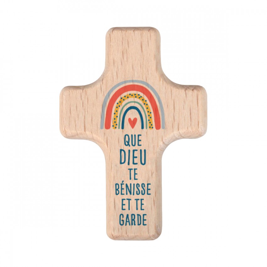 Mini Croix Arc-en-ciel - bois de hêtre - Dieu te bénisse et te garde