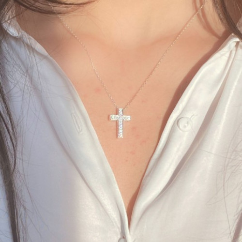 Pendentif croix en argent - cristaux zirconium