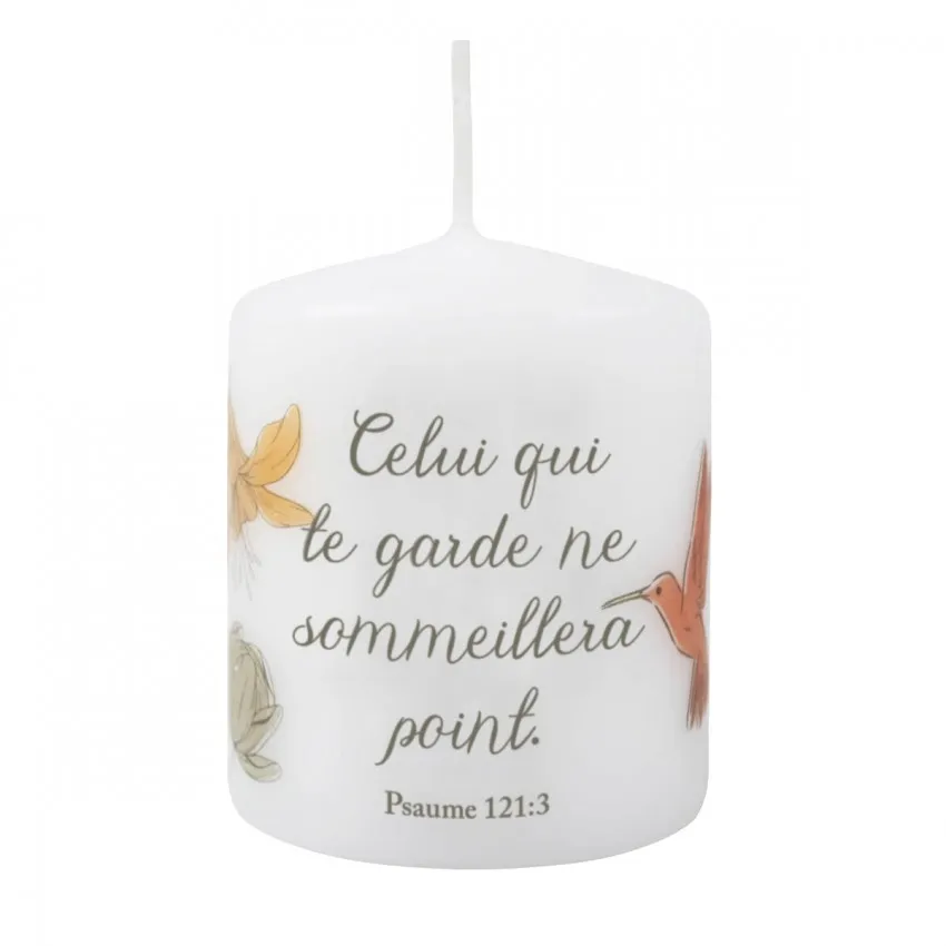 Petite bougie motif fleurs et oiseau - "Celui qui te garde ne sommeillera point." Psaumes 121.3